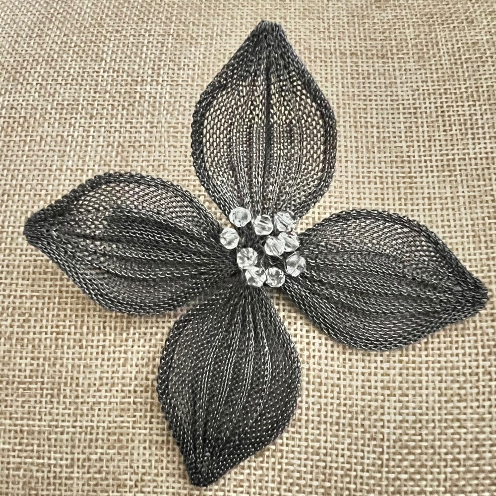 Vtg Black Metal Mesh Flower Hair Clip Beaded‎ Center 4 Inch Whimsigoth